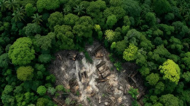 Aerial view reveals ancient structures within a large deforested clearing, surrounded by dense tropical rainforest, emphasizing environmental destruction and historical discovery
