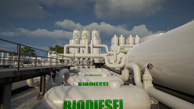 Industrial Biodiesel Production Facility with Storage Tanks, Pipes and Valves Under a Blue Sky