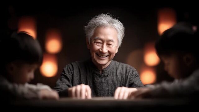 Tang Dynasty Elderly Man Sharing Warm Family Time with Children