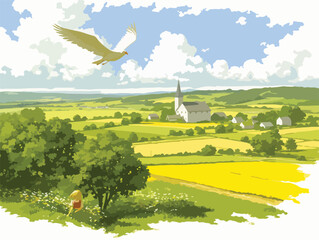 広大な緑の田園風景の中、教会の見える村を背景に、鷲が空を舞い、少女が草むらにいる牧歌的なベクターイラスト