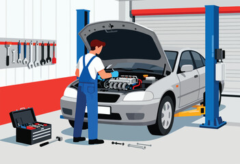 A mechanic, in overalls and gloves, works on a car with its hood up in a garage. Tools and a toolbox are present