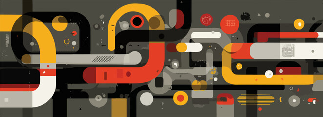 現代的なフラットデザインで描かれた、黄色、赤、黒のパイプや線が複雑に接続されたデータフローとテクノロジーの抽象的なベクター幾何学模様。