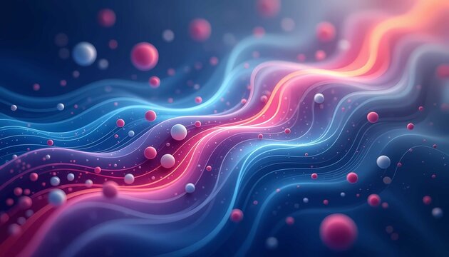 Dynamic blue and pink lights form a wavy cyber background with luminous spheres - Powered by Adobe