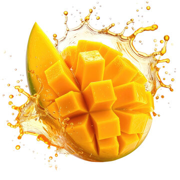 Diced mango fruit with splash, vibrant, fresh, and delicious