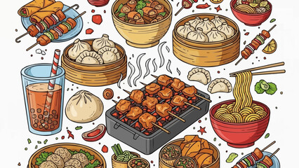 Delicious Asian Street Food Collection with Dumplings Noodles and Skewers.