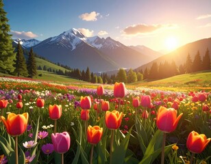 Blooming tulips beneath mountains, sunlit spring landscape