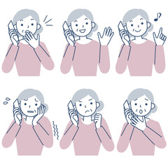 スマホで通話するシニア女性の上半身セット