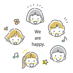 子供たちの表情セット　笑顔　かわいくてお洒落な線画イラスト