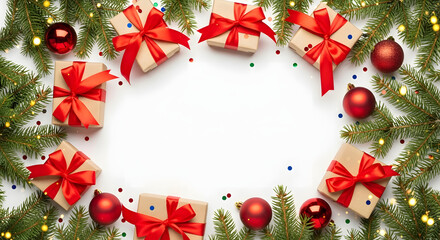 Christmas Frame with Gifts, Ornaments, and Fir Branches
