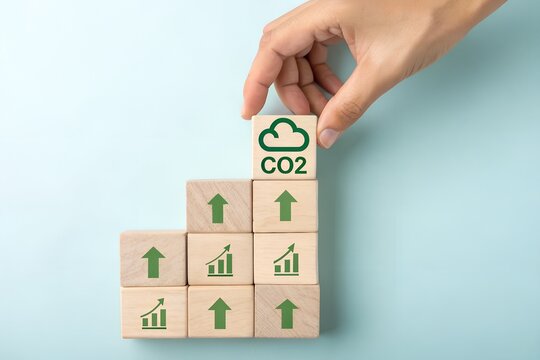 Hand placing co2 block atop rising arrow blocks showing emissions reduction
