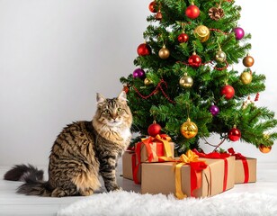 Obraz premium Cat sits beside a festively decorated Christmas tree and gifts