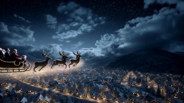 Santa Claus in his sleigh with reindeer flying through the starry night sky over a snow-covered town.