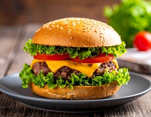 Close-up of a delicious burger with cheese, tomatoes, lettuce, and sesame bun