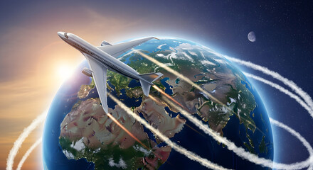 Naklejka premium Airplane flying around the world