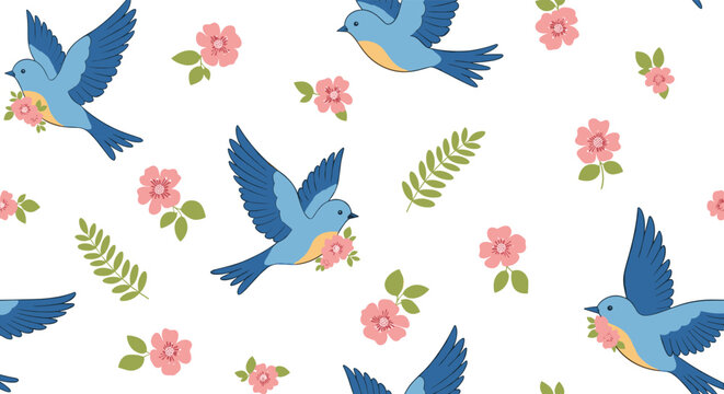 Charming seamless spring pattern featuring cute bluebirds carrying pink flowers among leaves, isolated on a clean white background.