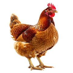 Fototapeta premium Brown chicken with red comb and wattle standing on yellow feet