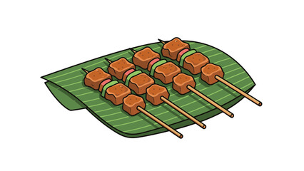 Delicious Grilled Meat Skewers Served on Fresh Green Leaves Food Illustration, Sate illustration Indonesian food
