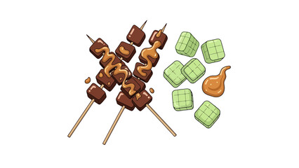 Delicious Grilled Meat Skewers with Savory Peanut Sauce and Rice Cakes Food Illustration, Sate illustration Indonesian food