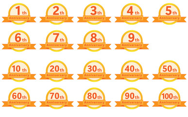 黄色とオレンジのシンプルなアニバーサリーロゴのイラストセット
