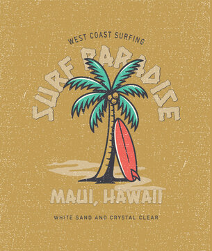 Retro Surf Paradise Maui Hawaii Logo with Palm Tree and Grunge Texture