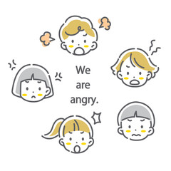 Children's facial expressions set - Angry - Cute and stylish line drawing illustrations