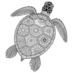 Fototapeta premium Intricate black and white illustration of a sea turtle with detailed mandala patterns on its shell.