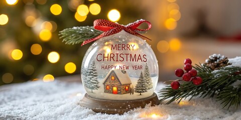 Festive christmas snow globe with cozy cabin scene and twinkling lights evoking warm holiday cheer