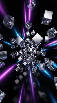 Seamless loop of highly reflective silver geometric cubes floating endlessly through a dark tunnel creating a mesmerizing motion graphic background clean, seamless loop, minimalist