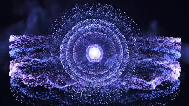Abstract futuristic background with a glowing purple energy core emitting concentric shockwaves and flowing particle streams