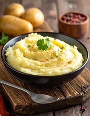 Close-up of creamy mashed potato in a black bowl with potatoes in back