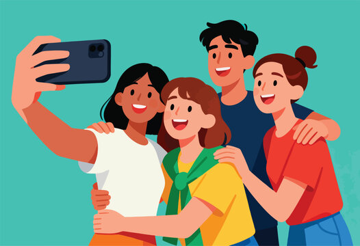 Group of diverse friends taking a selfie, smiling and posing together. Flat vector illustration against a teal background