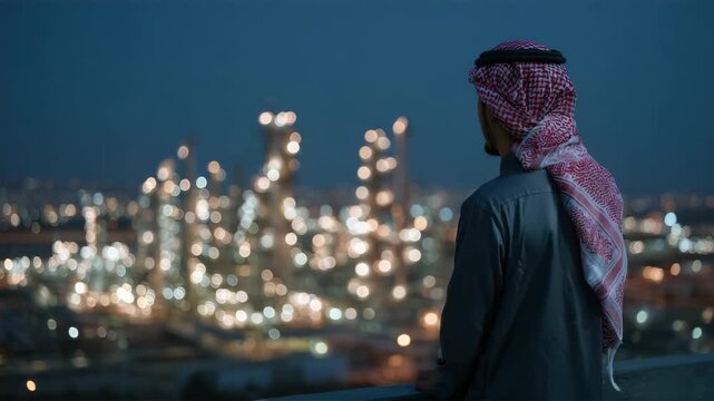 Arab man overlooking oil refinery plant at night with city background