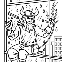 Viking Window Washer: A bold Viking character, equipped with traditional tools, tackles the elements while washing a window, showcasing strength and determination amidst a downpour.