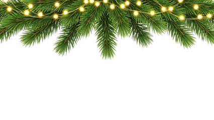 Seamless decorative christmas border with coniferous branches and garlands of christmas lights on transparent background