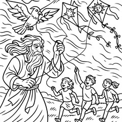 God with kites: The artwork captures a serene scene, where an elder figure guides three children to fly kites under the benevolent gaze of a hovering dove.