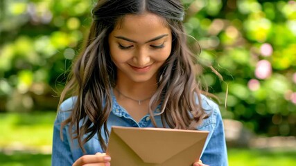 Young woman happy outdoors in park under sunlight, long hair and denim shirt, smiling while holding kraft envelope, cheerful natural garden scene