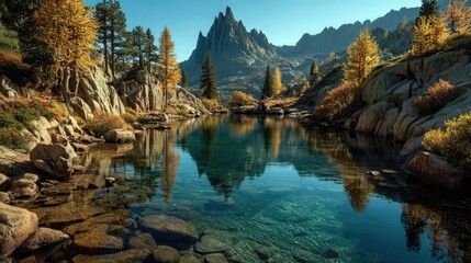 Mountain Lake Reflecting Trees and Rocks in Autumn