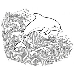 A detailed line art illustration of a dolphin leaping joyfully out of a cresting wave, with another dolphin's tail fin visible beneath the surface.