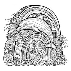 A detailed black and white illustration of a dolphin leaping through a rainbow over ocean waves.