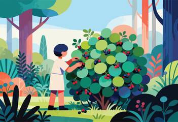 A person in a white dress picks berries from a bush in a stylized forest setting with colorful trees