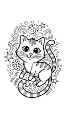 A cute, stylized illustration of a tabby cat with big eyes, surrounded by whimsical stars, hearts, and swirling patterns.