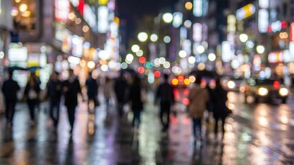 Crowded City Street at Night with Colorful Bokeh Lights &ndash; Urban Nightlife Blur Background