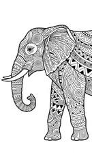 A black and white illustration of an elephant adorned with intricate, detailed patterns and tribal designs, suitable for adult coloring books.