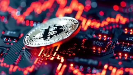 A Detailed Close-up of a Bitcoin on a Circuit Board with Red Graph Lines Indicating Volatile Cryptocurrency Market Trends