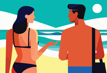 Obraz premium Illustration of a couple on a beach, woman in bikini gestures towards the sea, man has bag