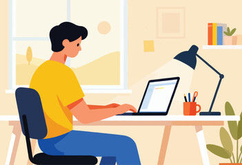 A person works on a laptop at a desk near a window, lit by a lamp, with books & plant