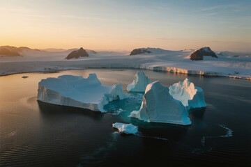 Aerial view of large icebergs floating in calm waters near snow-covered mountains during sunset