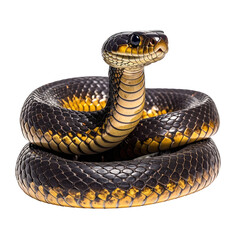 Obraz premium Coiled snake with yellow markings on black scales, facing the camera