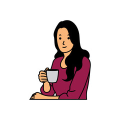 Female Illustration Drinking Coffee at Table.eps
