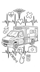 Line art illustration of an ambulance with emergency medical symbols like a heartbeat, stethoscope, and first aid kit.